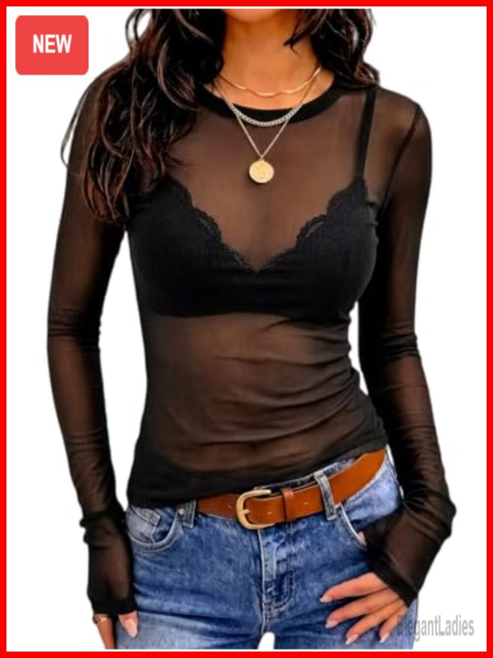 Prettywear Women's Sheer Mesh Top Long Sleeve Crew Neck Clubwear Blouse